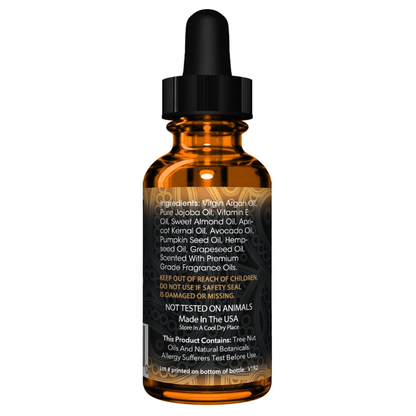 Beard Guru Beard Oil in a brown glass bottle with dropper labeled 'Made in the USA' on a white background