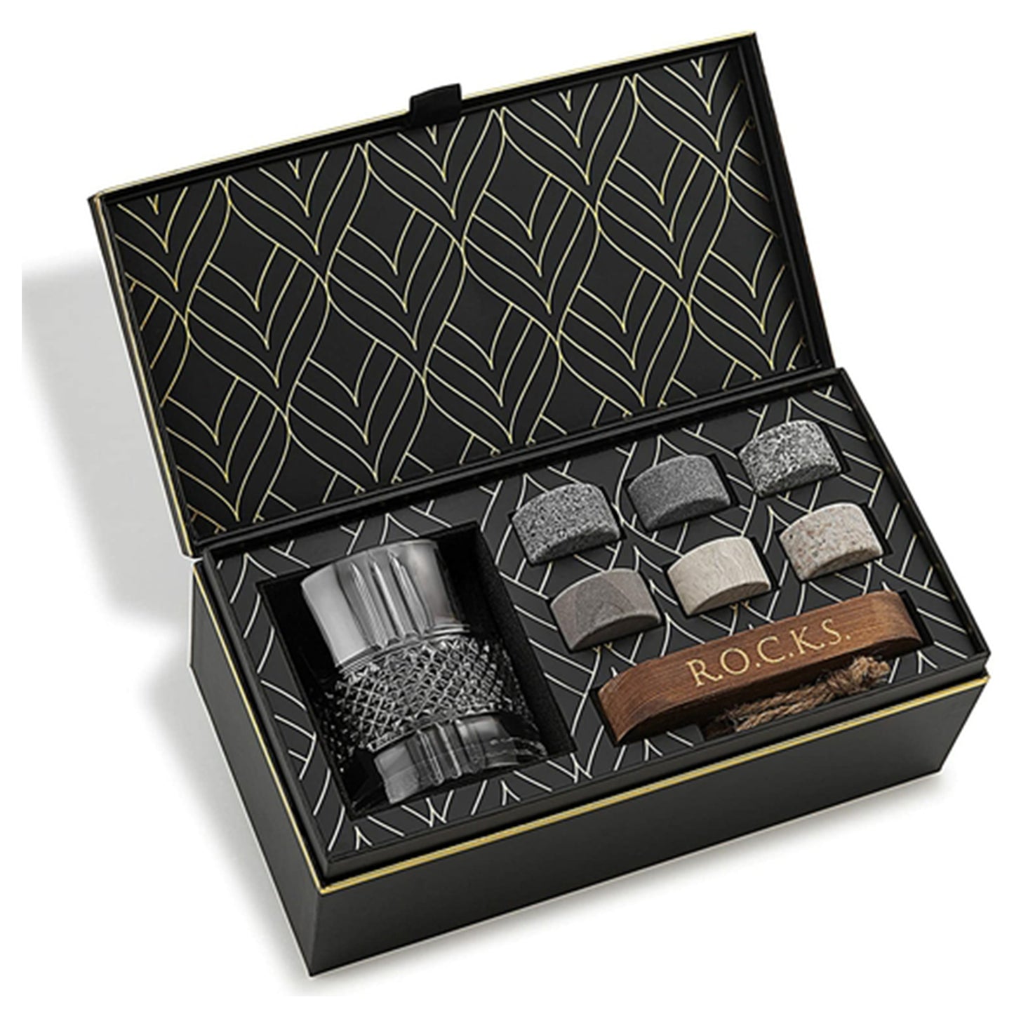 Open black gift box with a glass and set of 6 ROCKS stones inside, on a white background