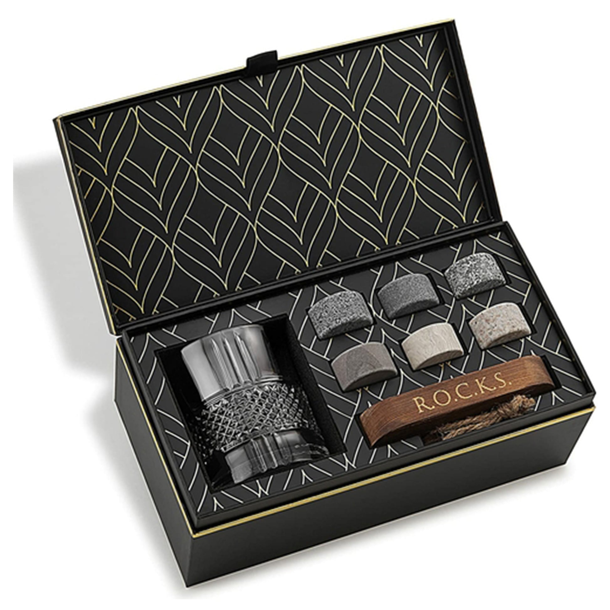 Open black gift box with a glass and set of 6 ROCKS stones inside, on a white background