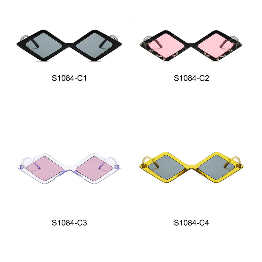 Four pairs of sunglasses with different color options on a white background