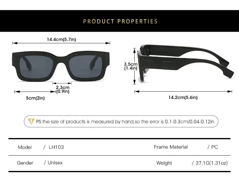 Black sunglasses with measurements and product properties displayed.