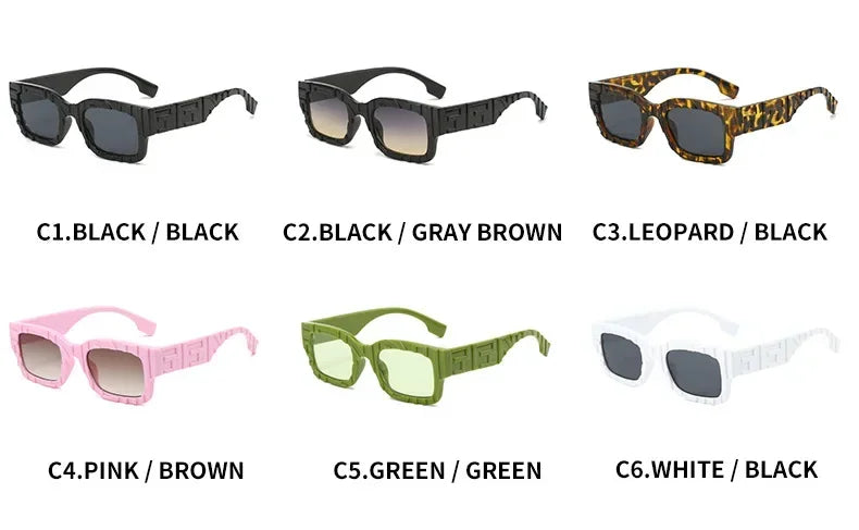 Various pairs of sunglasses with color options labeled.