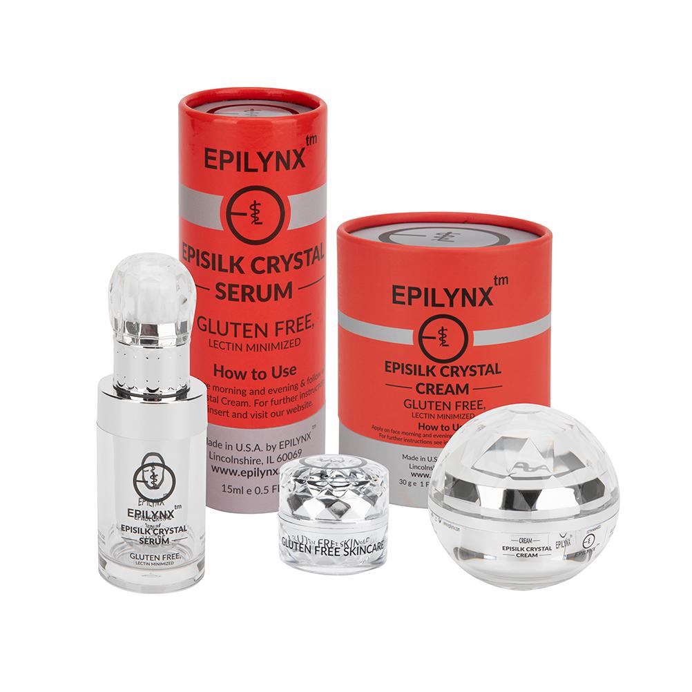 Epilynx Episilk Crystal Serum, Cream, and Crystal Ball on a white background