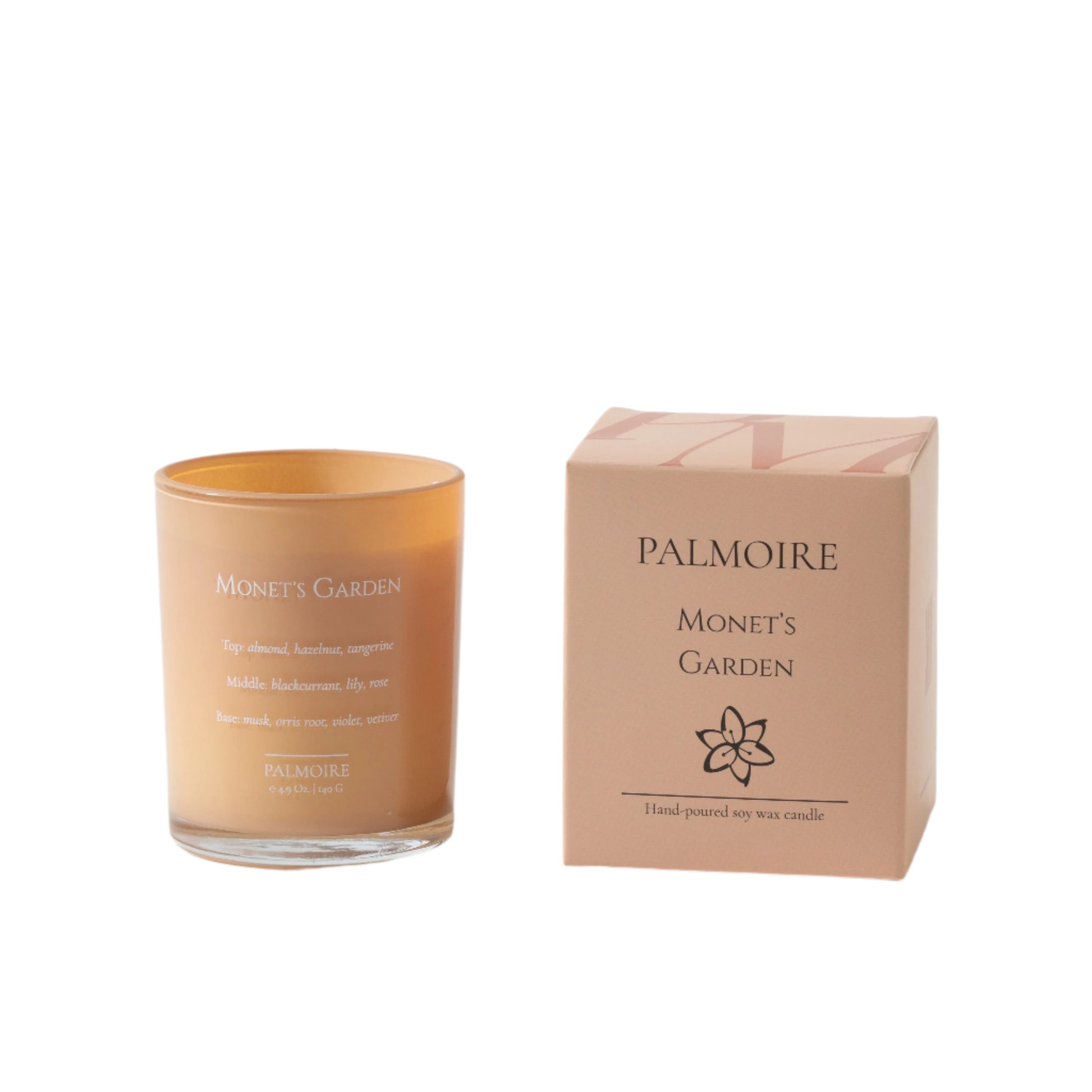 Soy Wax Candle labeled 'Monet's Garden' by Palmoire next to its packaging on a light background