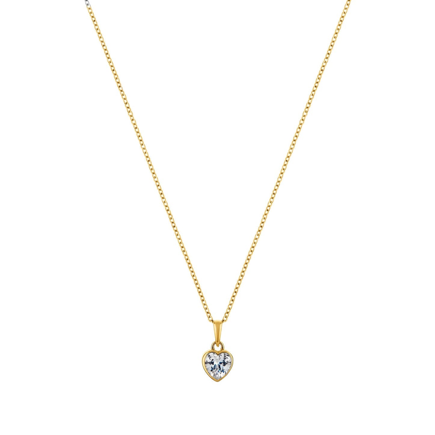 Gold necklace with a heart-shaped diamond pendant on a white background