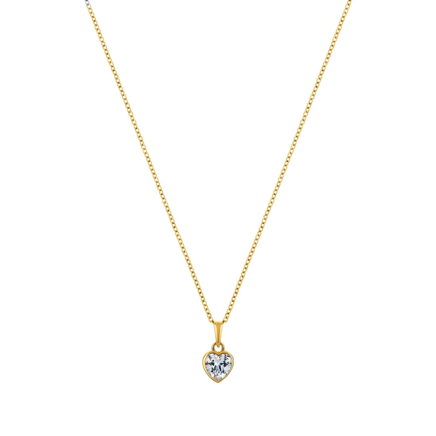 Gold necklace with a heart-shaped diamond pendant on a white background