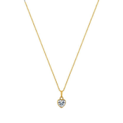 Gold necklace with a heart-shaped diamond pendant on a white background