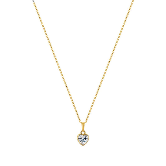 Gold necklace with a heart-shaped diamond pendant on a white background