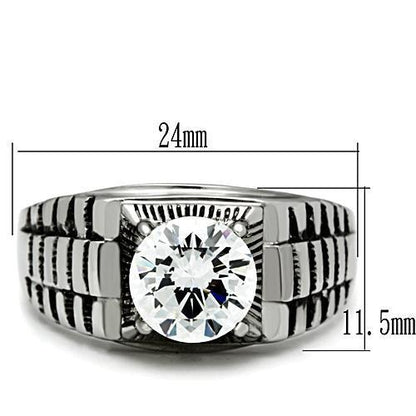 Silver ring with a large diamond and measurements on a white background