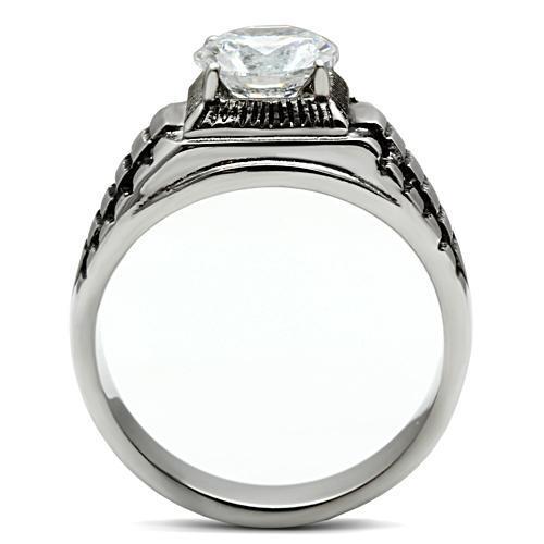 Silver ring with a large diamond on a white background