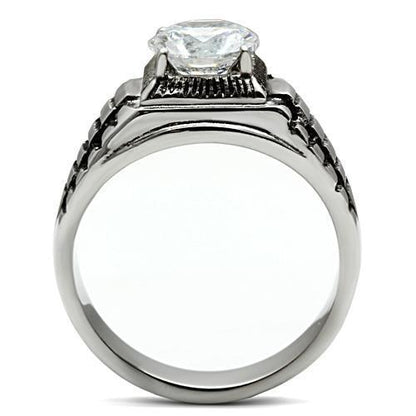 Silver ring with a large diamond on a white background