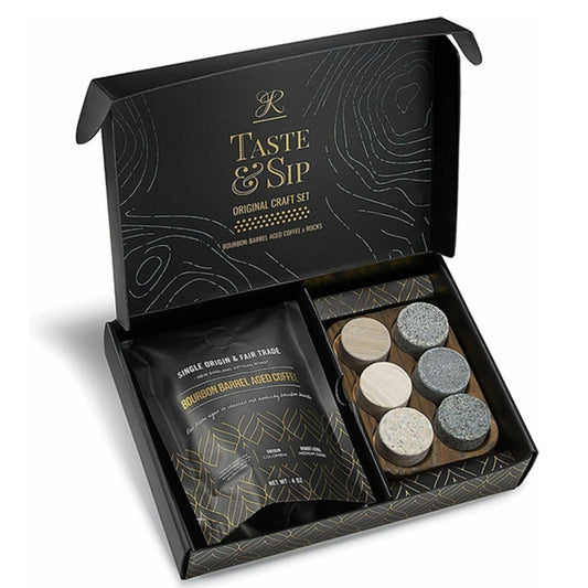 Taste & Sip coffee gift set with coffee beans and packaging on a white background