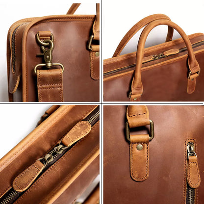 Collage of a brown leather bag with close-up details on handles and zippers.