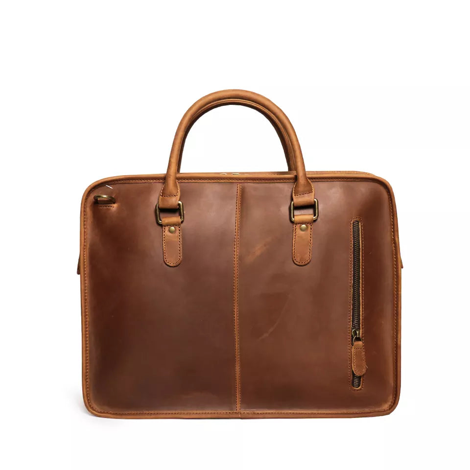 Brown leather briefcase on a white background