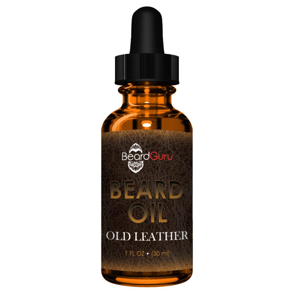 BeardGuru beard oil bottle labeled 'Old Leather' by BeardGuru on a white background