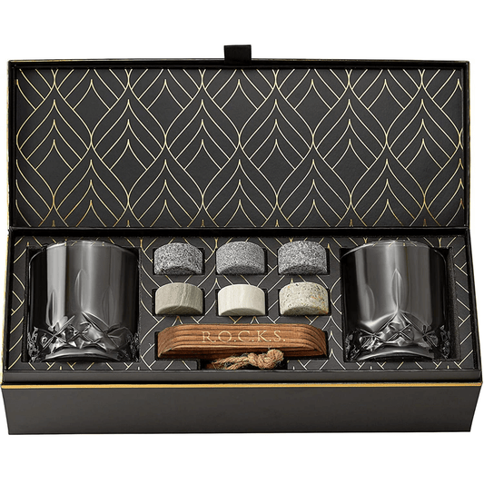 Set of ROCKS branded whiskey stones and glasses in a decorative box with geometric pattern