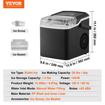 VEVOR Ice Maker, 9 Cubes in 7 Mins, 26lbs/Day, Self-Cleaning