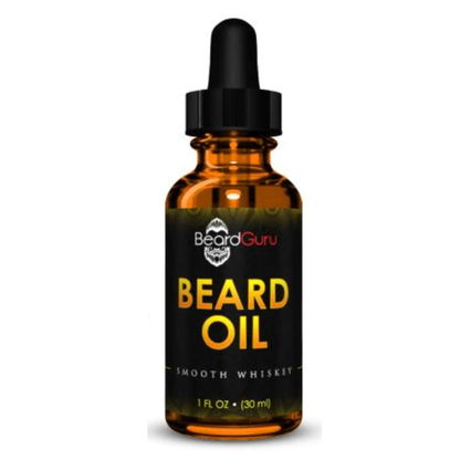 Bottle of BeardGuru beard oil with a dropper on a white background