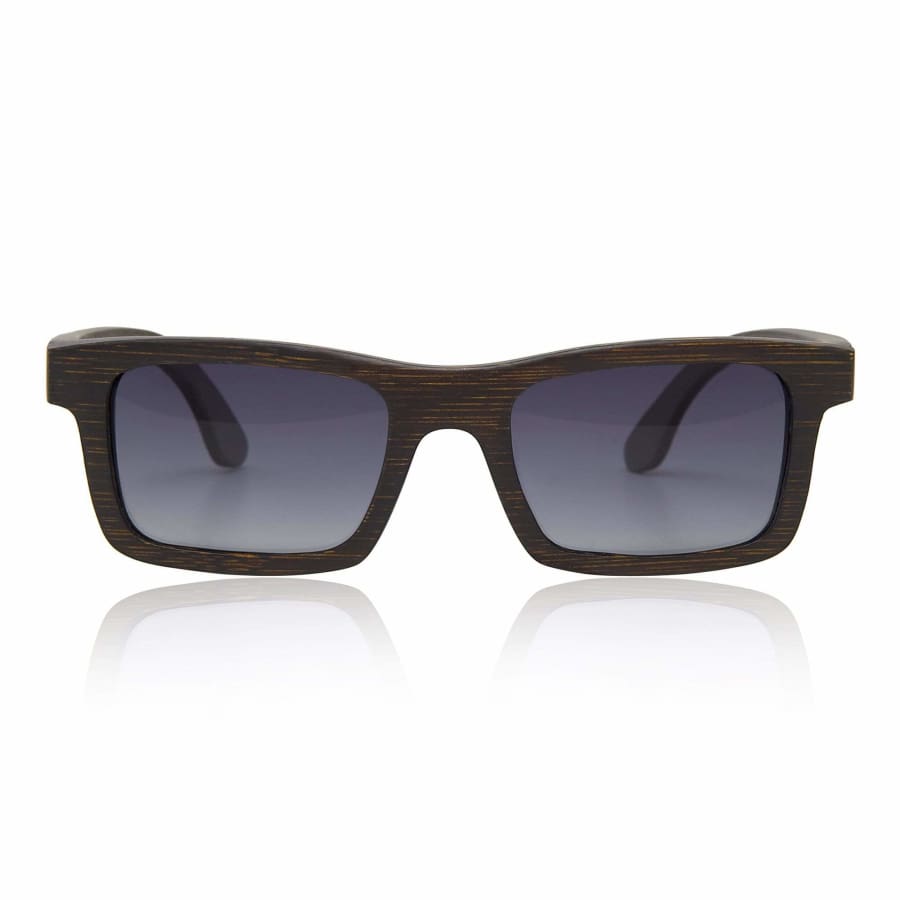 Wooden-framed sunglasses with dark lenses on a white background
