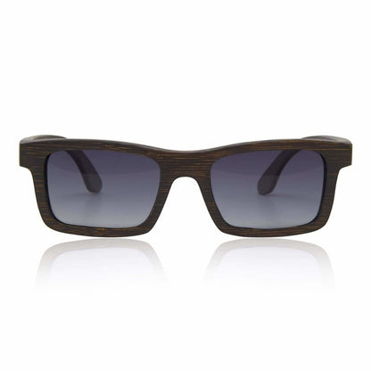 Wooden-framed sunglasses with dark lenses on a white background