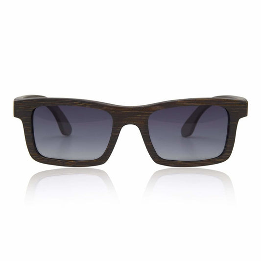Wooden-framed sunglasses with dark lenses on a white background