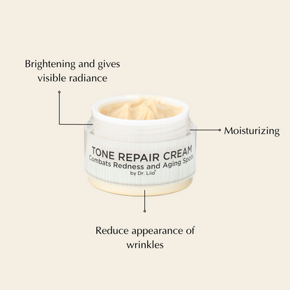 Jar of tone repair cream with text highlighting its benefits on a beige background