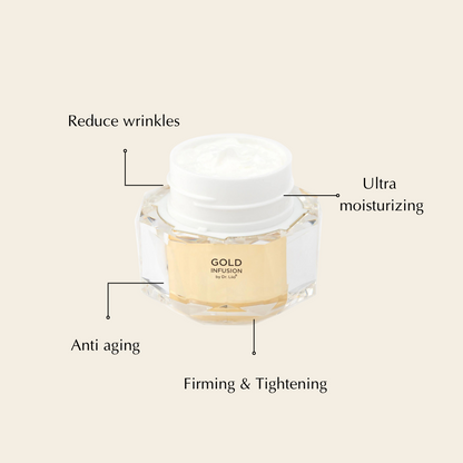 EpiLynx by Dr. Liia Gold Infusion Brightening Face Cream with text highlighting its benefits on a light beige background