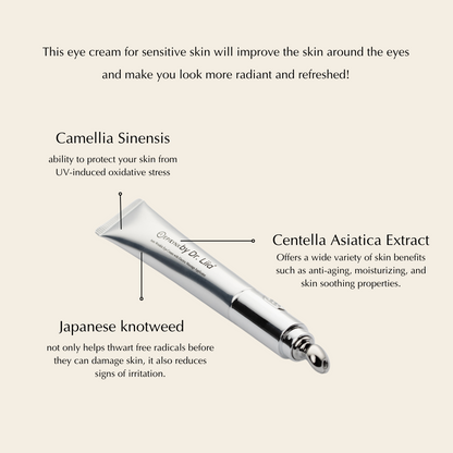 Dr. Liia Eye cream with text highlighting ingredients and benefits on a beige background