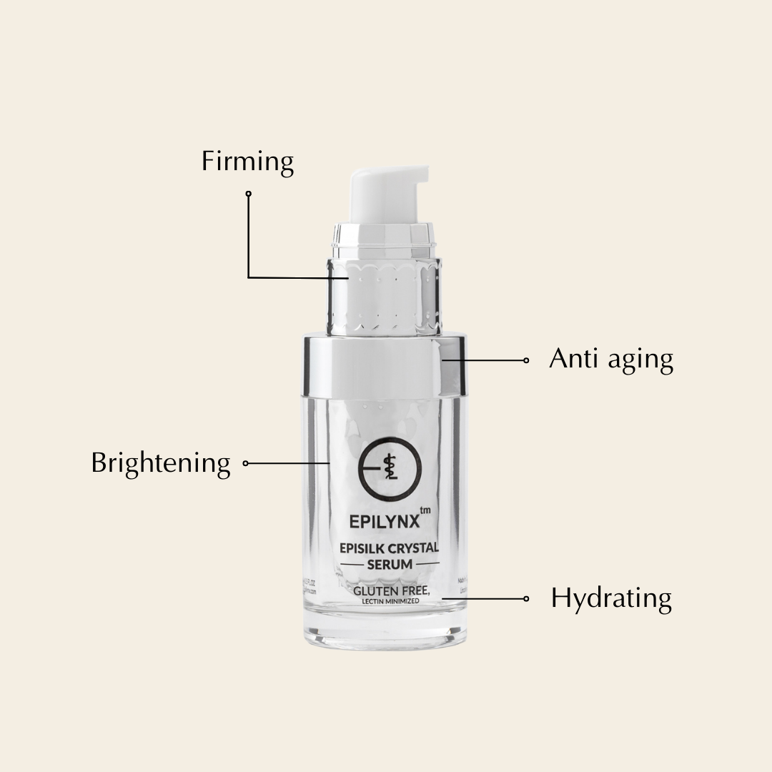 Epilynx crystal serum bottle with text labels on a beige background