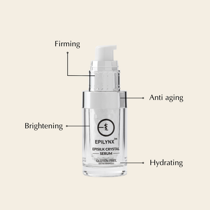Epilynx crystal serum bottle with text labels on a beige background