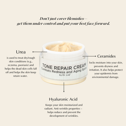 Tone repair cream jar with text detailing its ingredients and benefits on a beige background