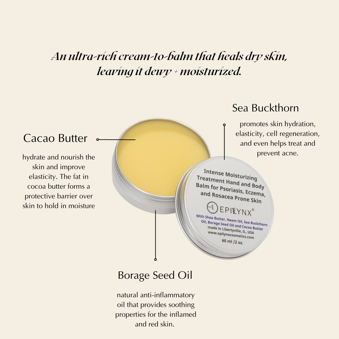 Epilynx ultra-rich cream-to-balm for dry skin with Sea Buckthorn, Cacao Butter, and Borage Seed Oil on a beige background.