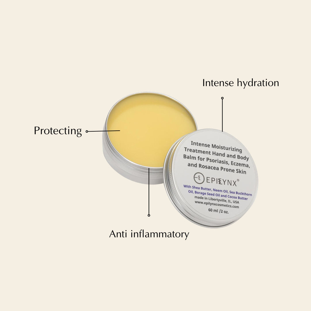 EpilLynx Balm with open lid on a beige background, labeled for protection, hydration, and anti-inflammatory properties.