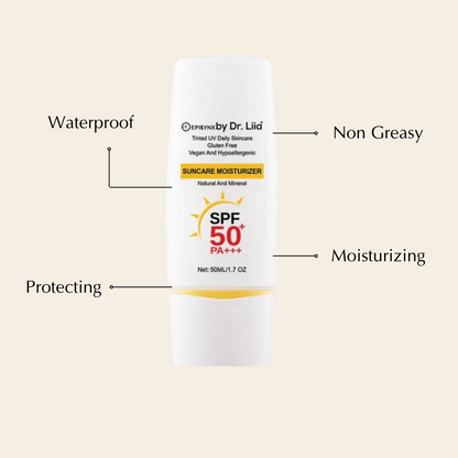 Epilynx by Dr. Liia Sunscreen bottle with features labeled on a beige background