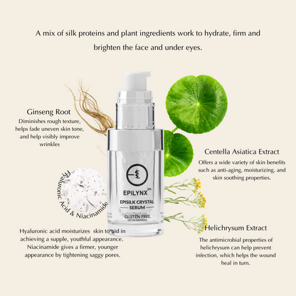 Epilynx serum bottle with botanical elements and text about ingredients on a light background
