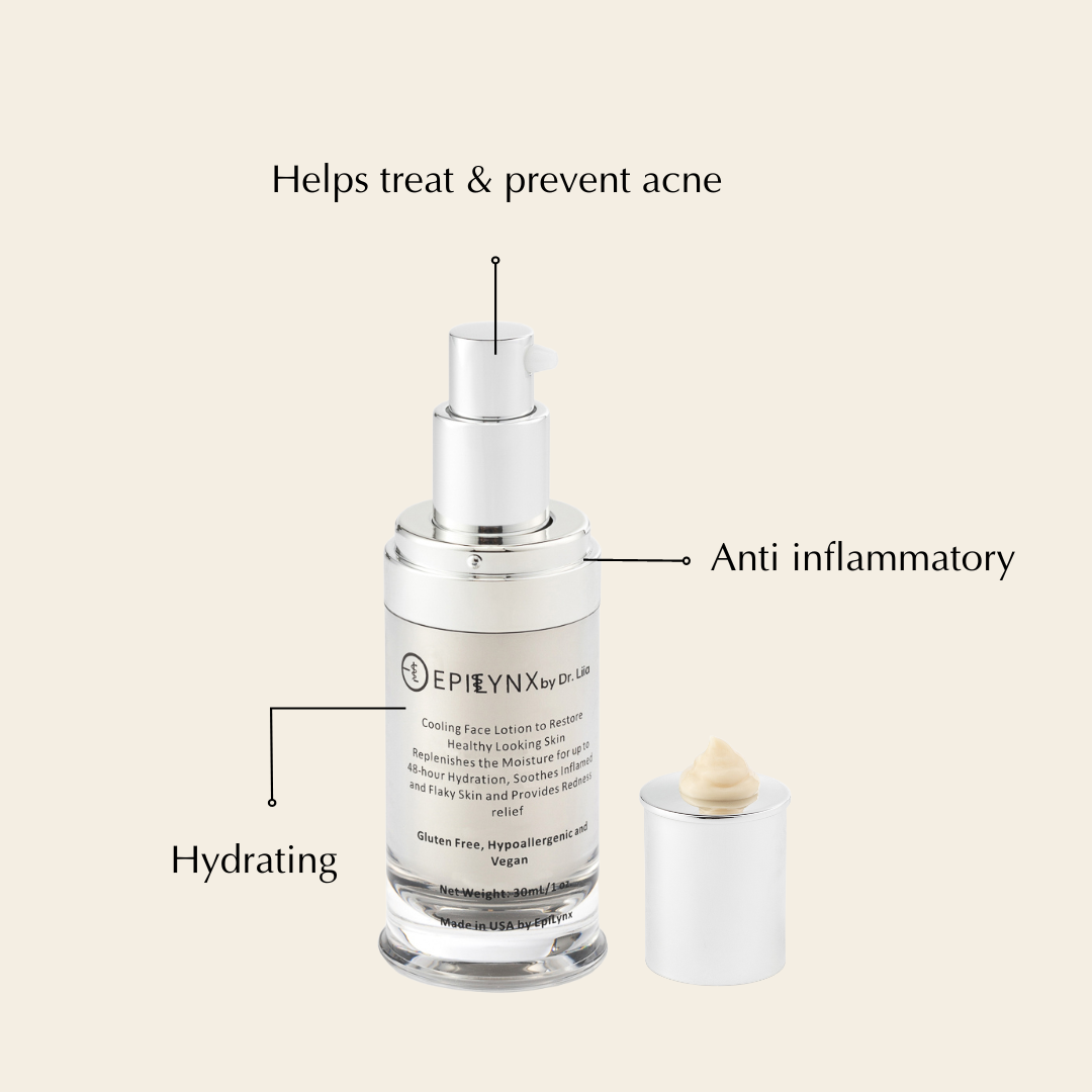 EpiLynx by Dr. Liia Skincare serum bottle with text highlighting benefits on a beige background