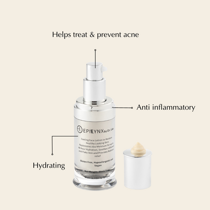 EpiLynx by Dr. Liia Skincare serum bottle with text highlighting benefits on a beige background