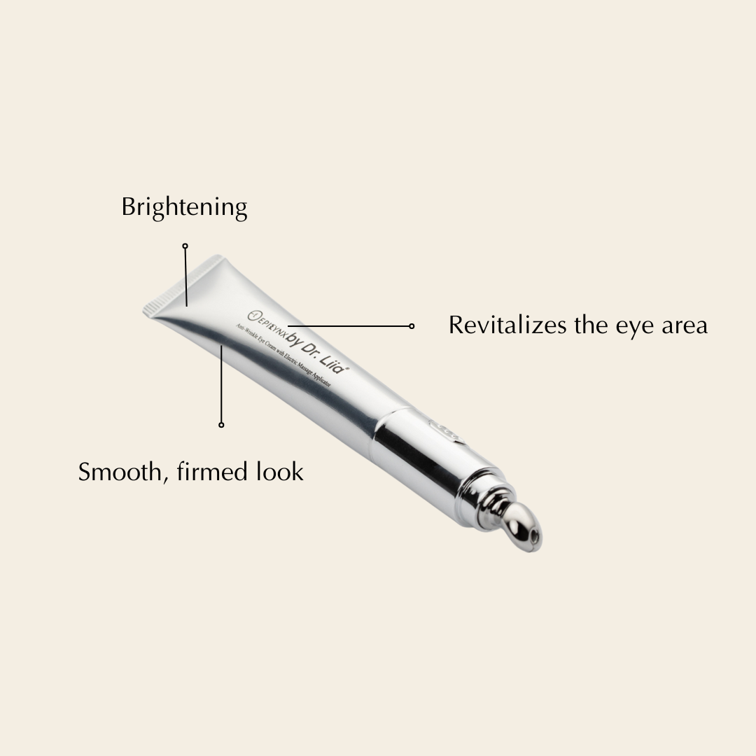 Dr. Liia Eye anti-ageing eye cream tube with text describing its benefits on a beige background