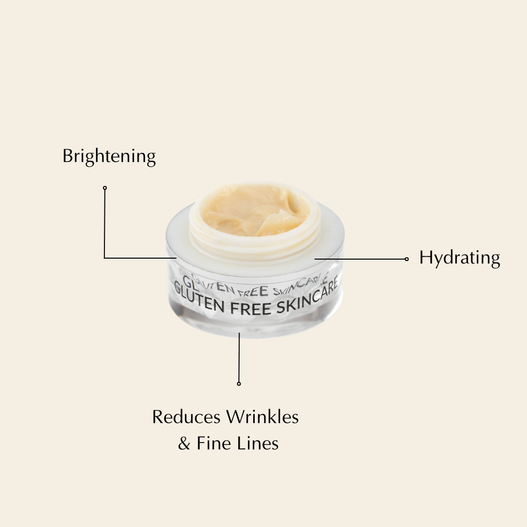 Jar of skincare cream with text indicating benefits on a beige background