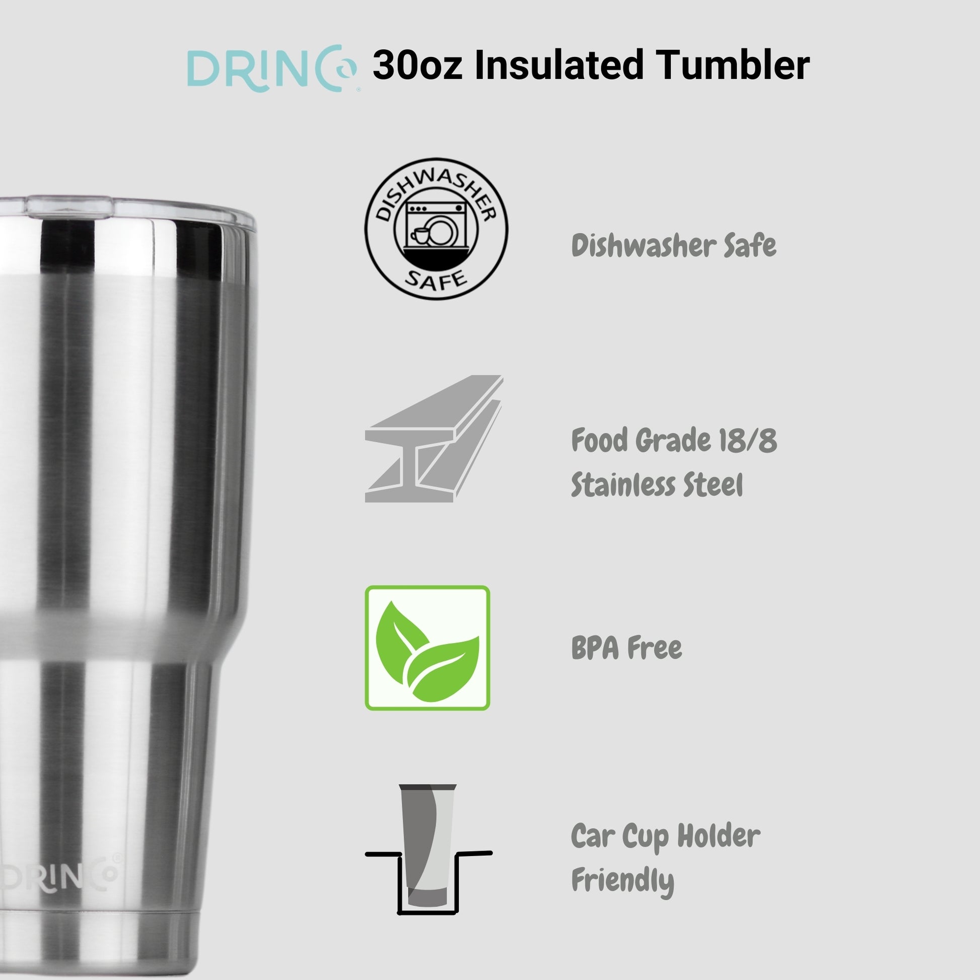 30oz insulated tumbler with DRINCO branding and features listed on a white background