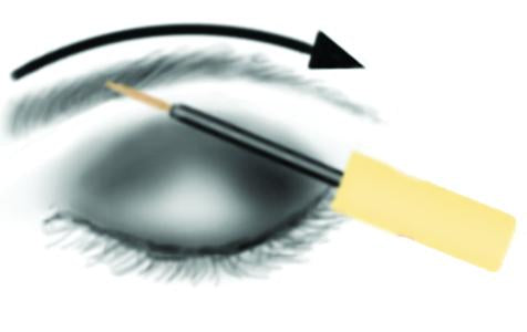 Illustration of an eye with a brush applying makeup, with an arrow indicating direction.