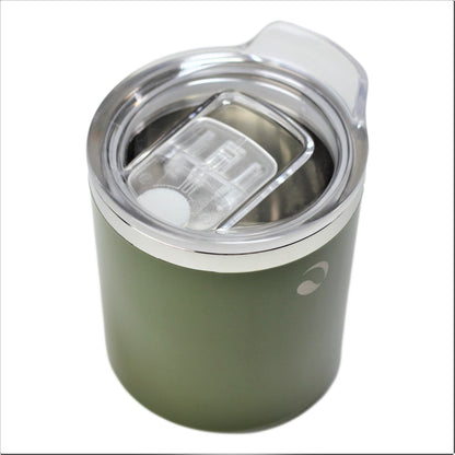 Green insulated tumbler with a silver lid on a white background