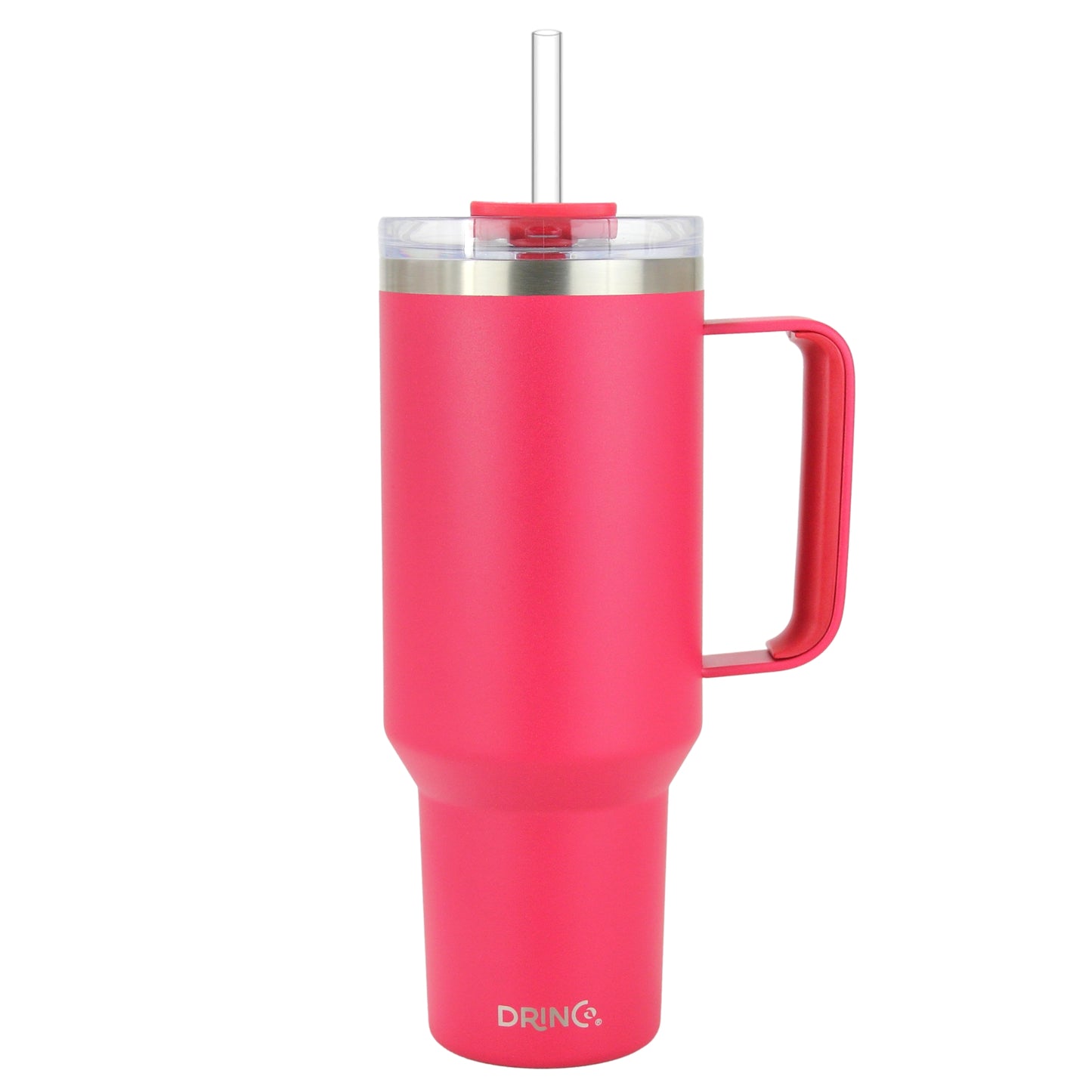 Viva Magenta insulated mug with handle and straw on a white background