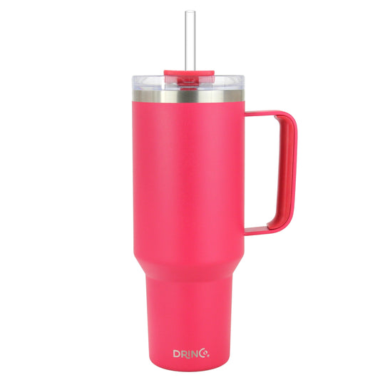 Viva Magenta insulated mug with handle and straw on a white background