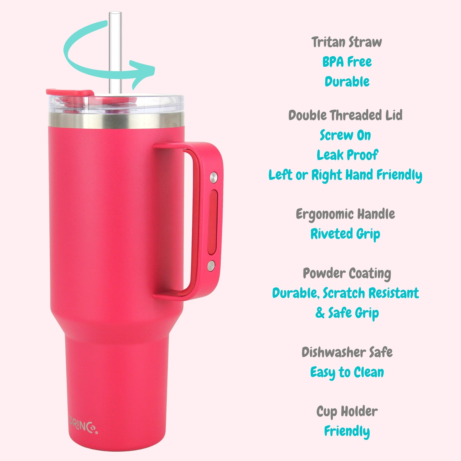 Viva Magenta DrinCo tumbler with features listed on a white background