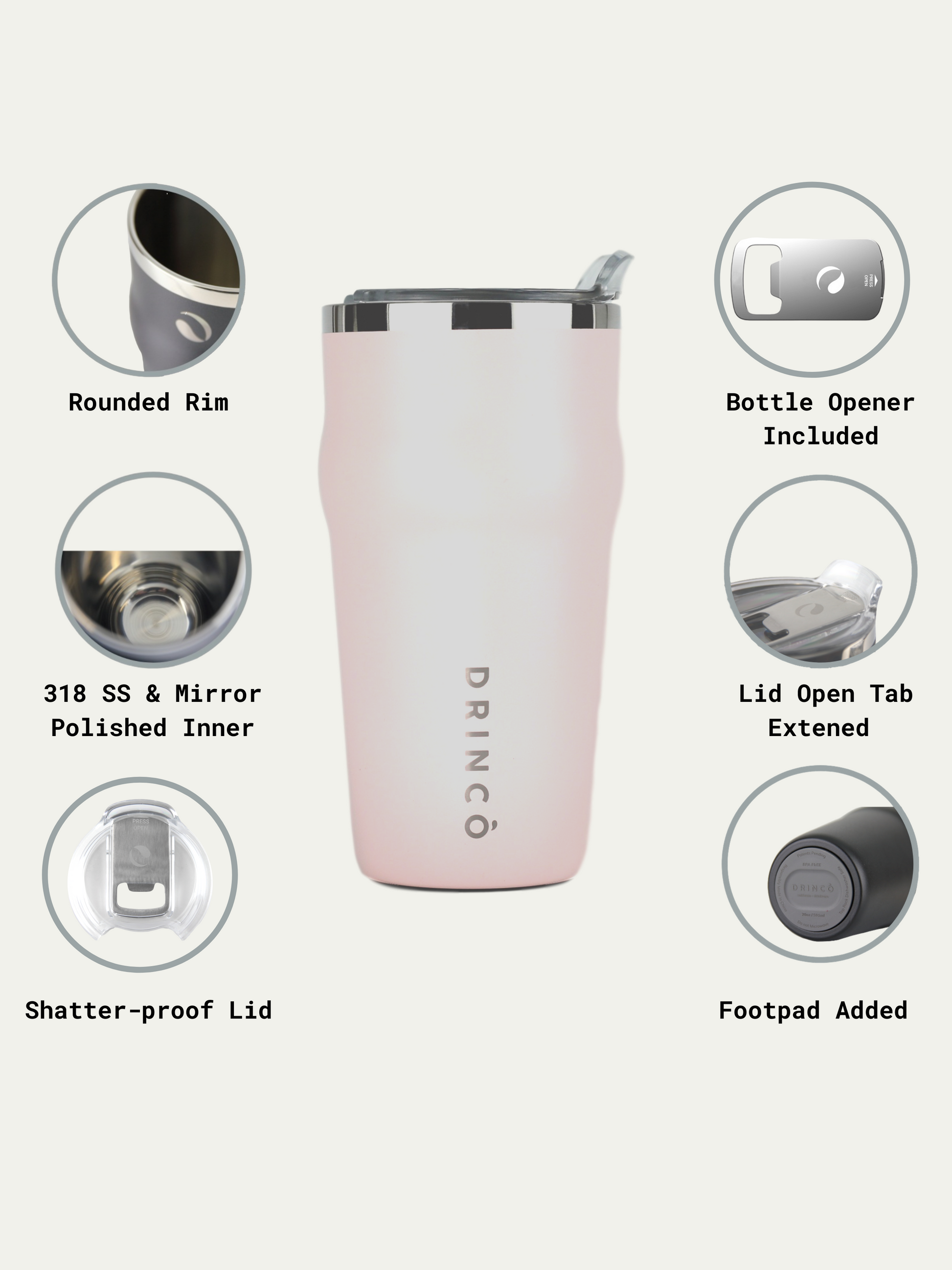 Pink insulated tumbler with features highlighted on a white background