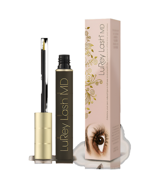 LuRey Lash MD eyelash serum with applicator and packaging on a white background