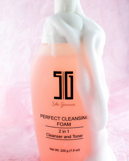 Bottle of Solo Giovanne Perfect Cleansing Foam on a pink background