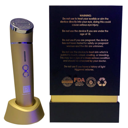 Beauty device with packaging displaying usage instructions and FDA logos.