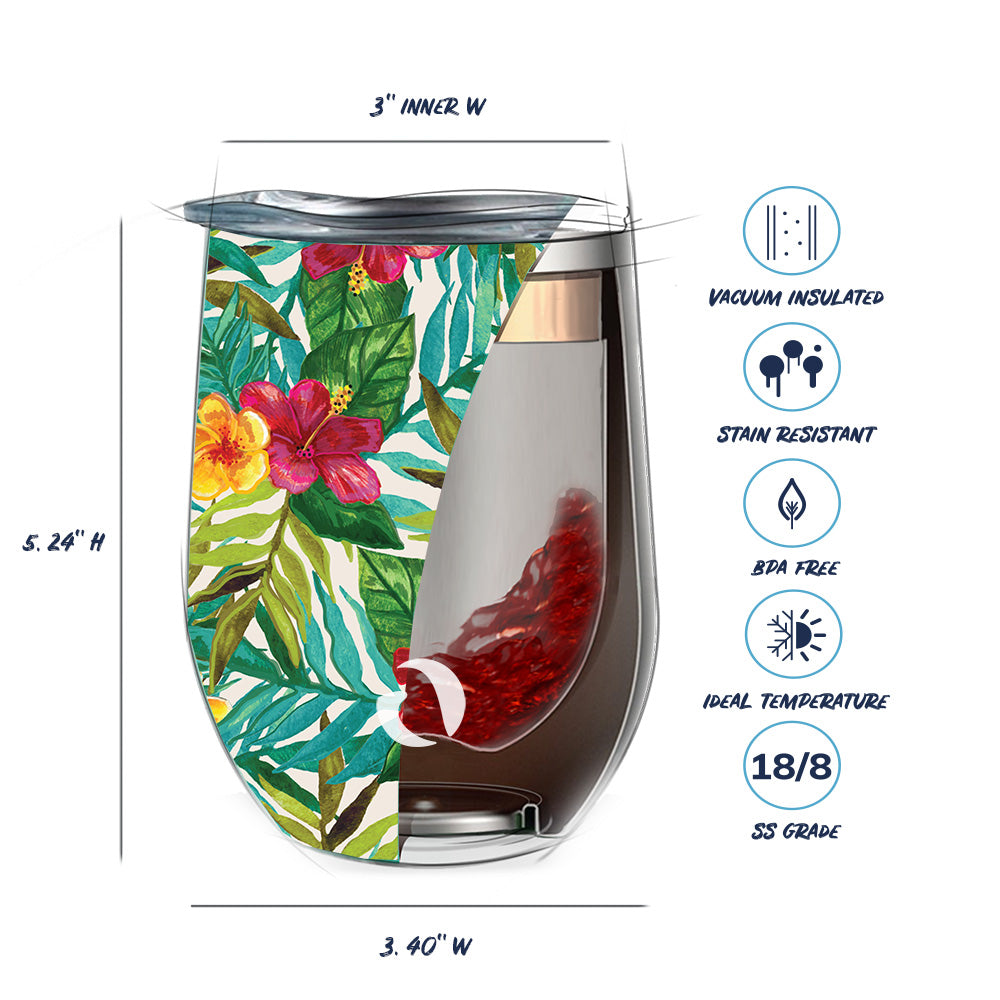 Tumbler with tropical floral design, measurements, and features listed on a white background